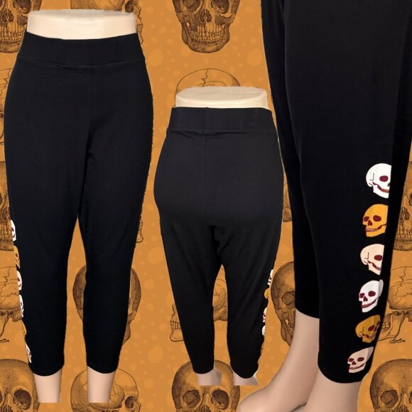 Torrid +5 Black Stretch Waist Skull Graphic Down Sides Cotton Premium Leggings - Picture 1 of 6
